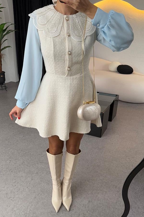 Romona Tüvit Yakası Taşlı İnci Düğmeli Elbise