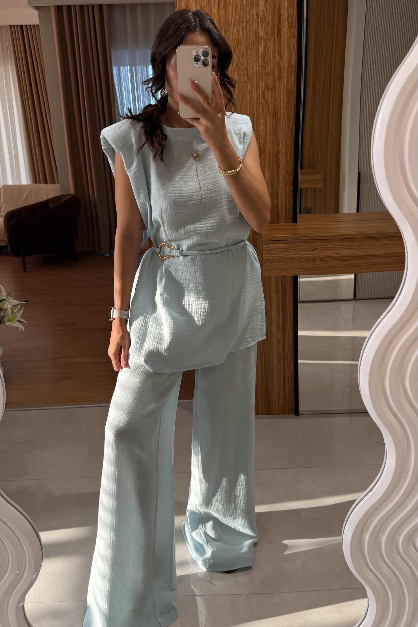 Rosaly Mavi Kemerli Müslin Takım