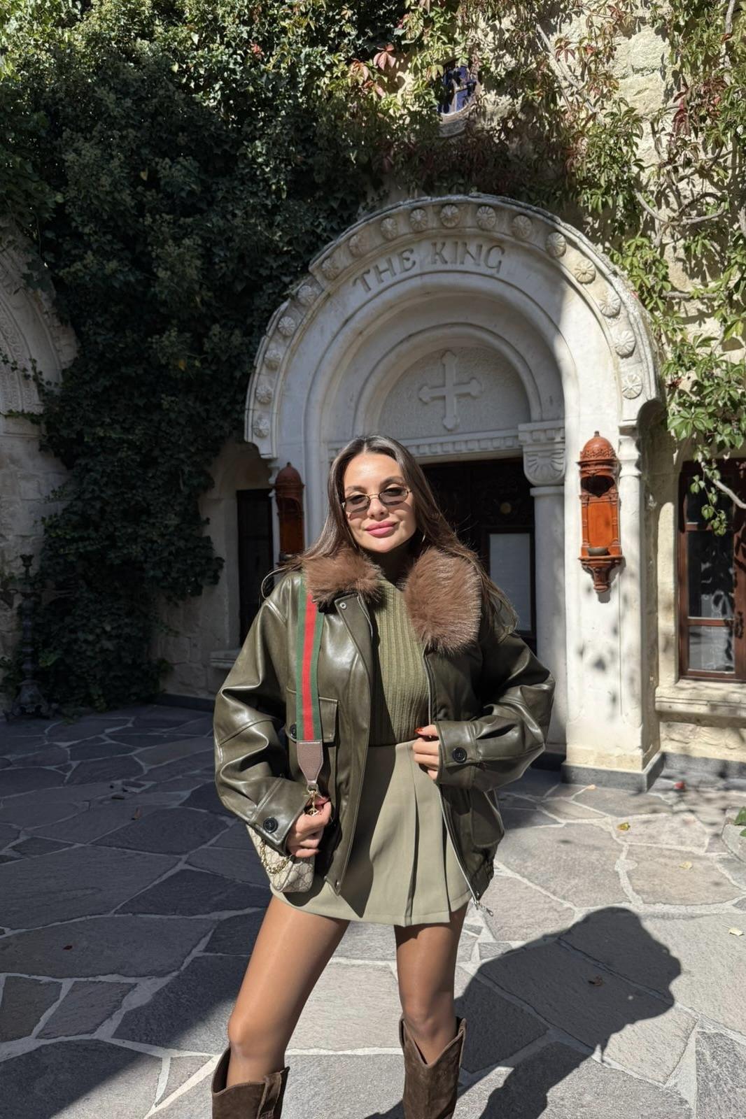 Rosanna Haki Kürk Yaka Deri Ceket