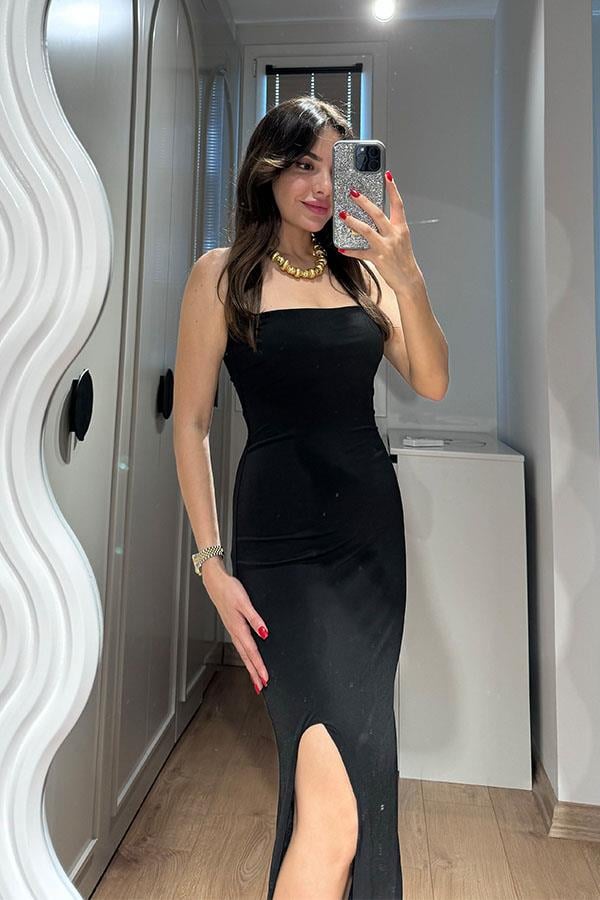 Rowena Straplez Yırtmaçlı Elbise - Siyah