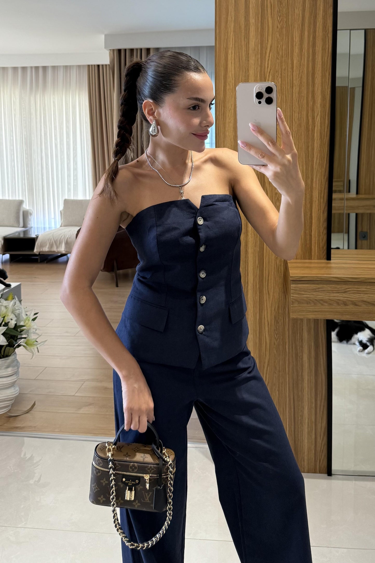 Rozina Lacivert Straplez Yelek Pantolon Takım