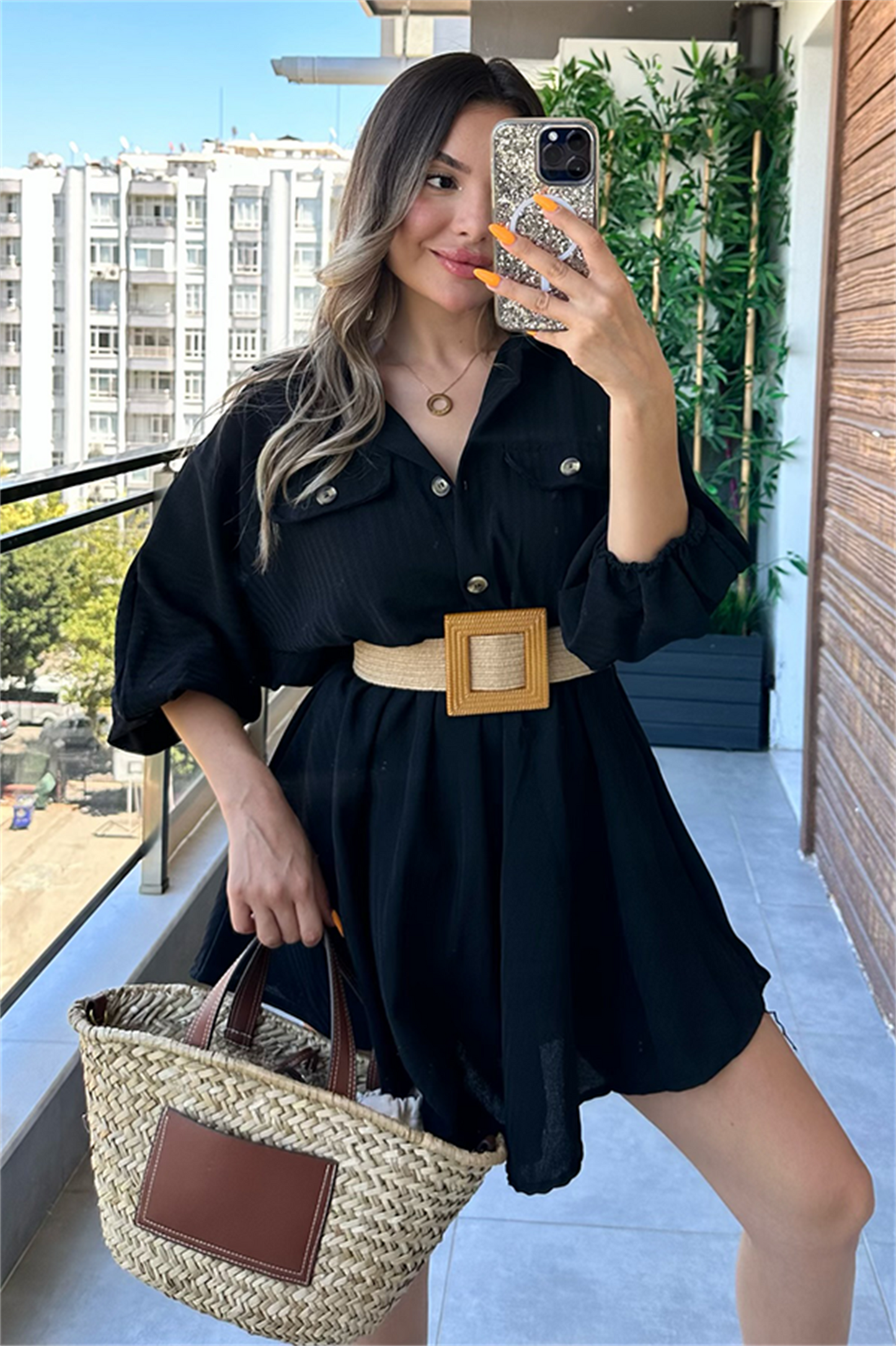 Rumana balon kollu kruvaze siyah elbise