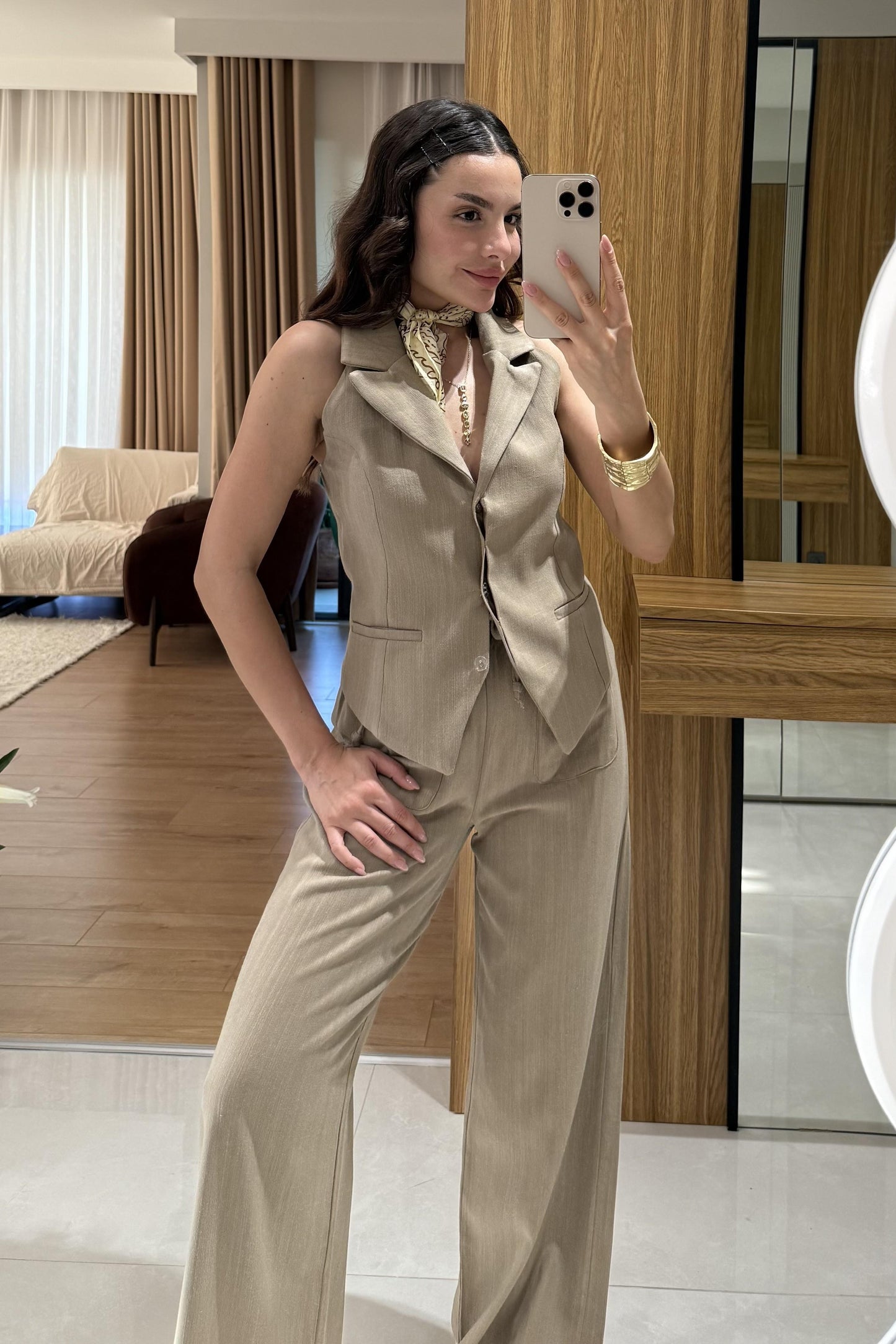 Rylah Haki Yelekli Keten Premium Takım