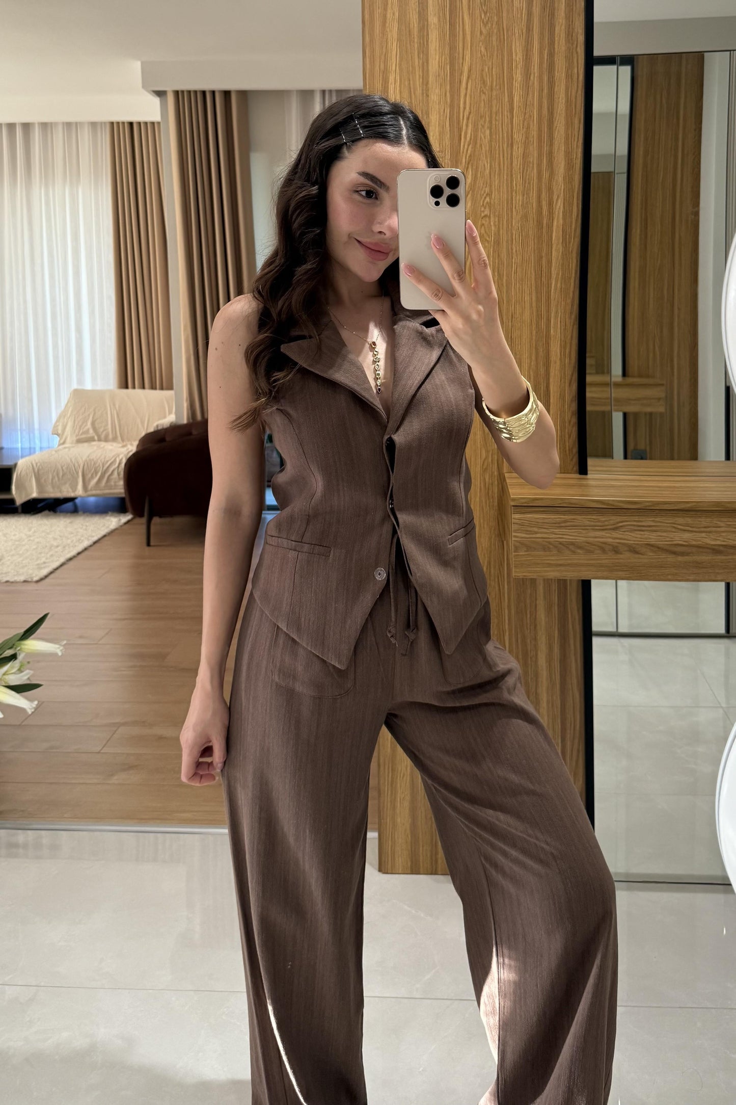 Rylah Kahve Yelekli Keten Premium Takım