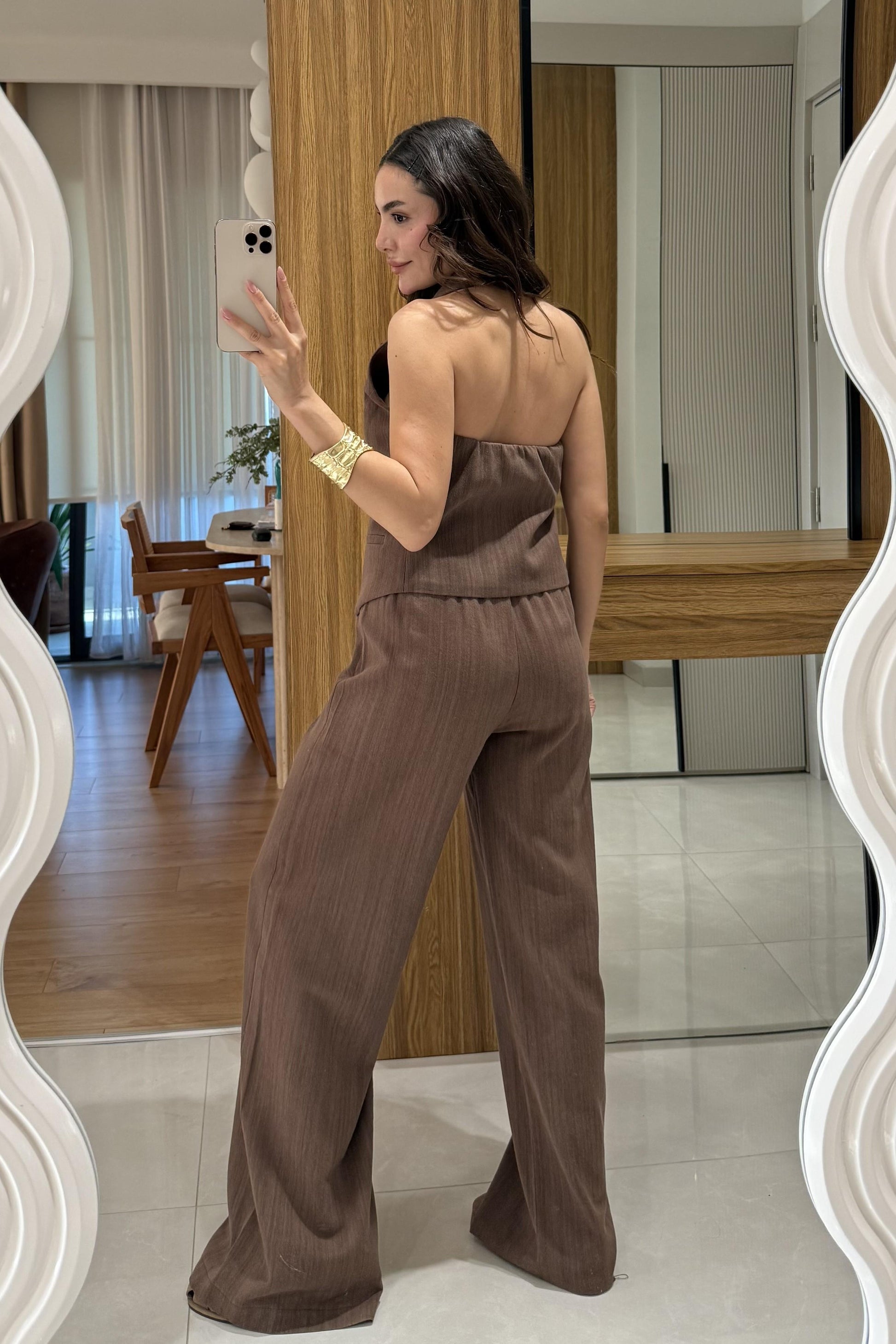 Rylah Kahve Yelekli Keten Premium Takım