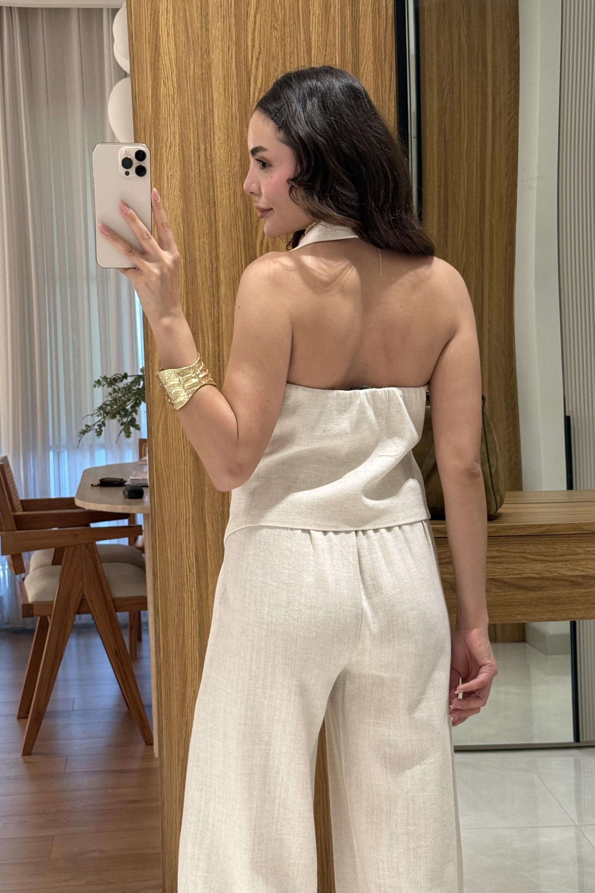 Rylah Natural Yelekli Keten Premium Takım