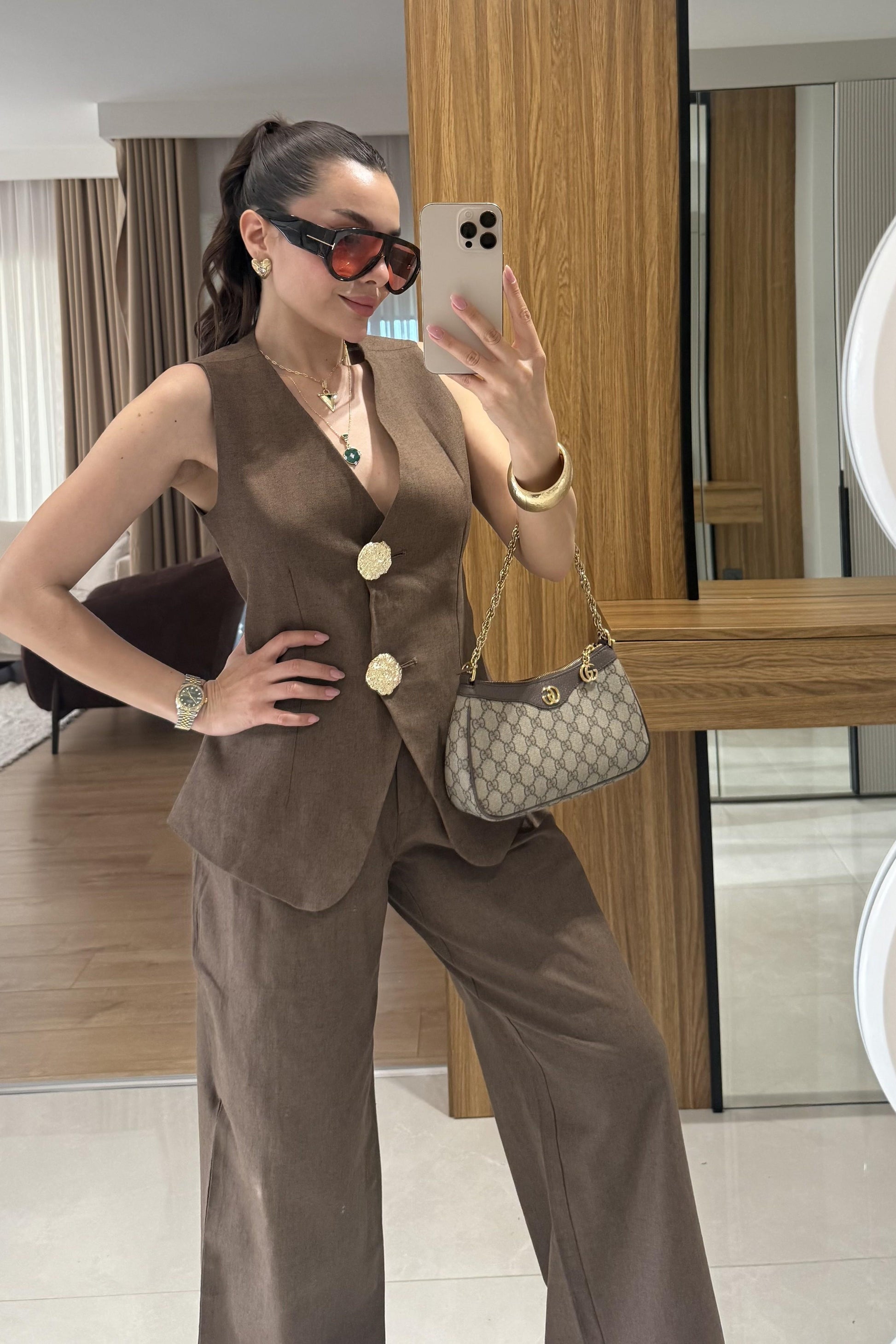 Samantha Acı Kahve Gold Düğmeli Keten Takım