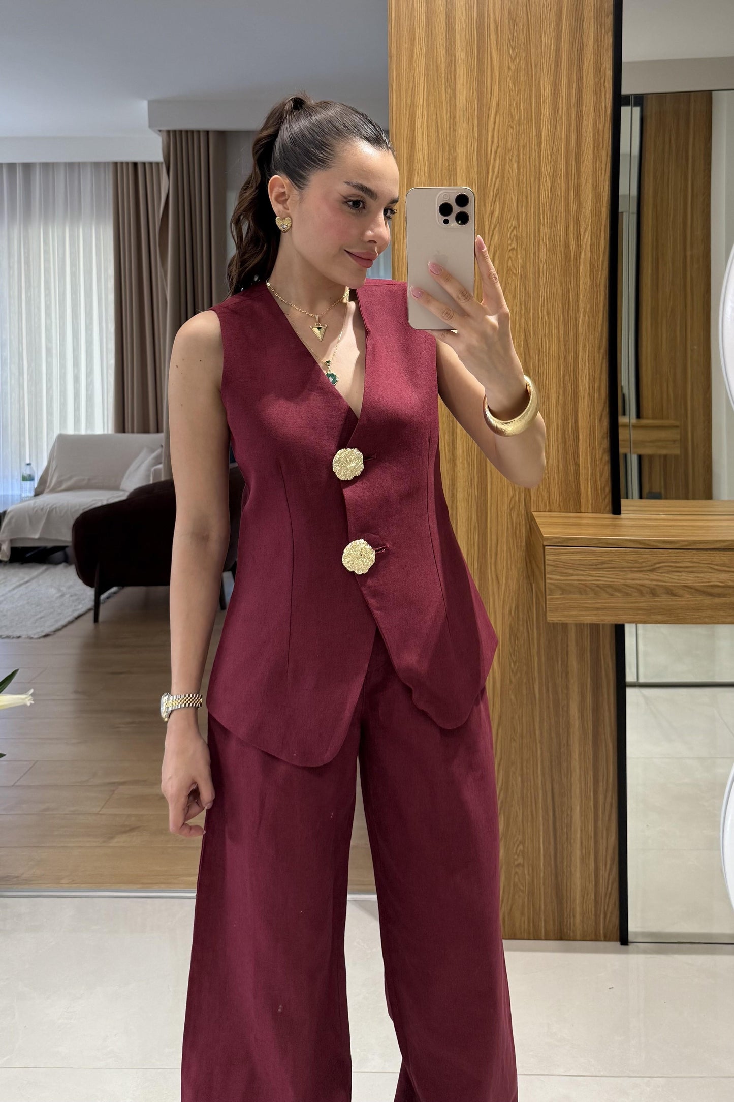 Samantha Bordo Gold Düğmeli Keten Takım