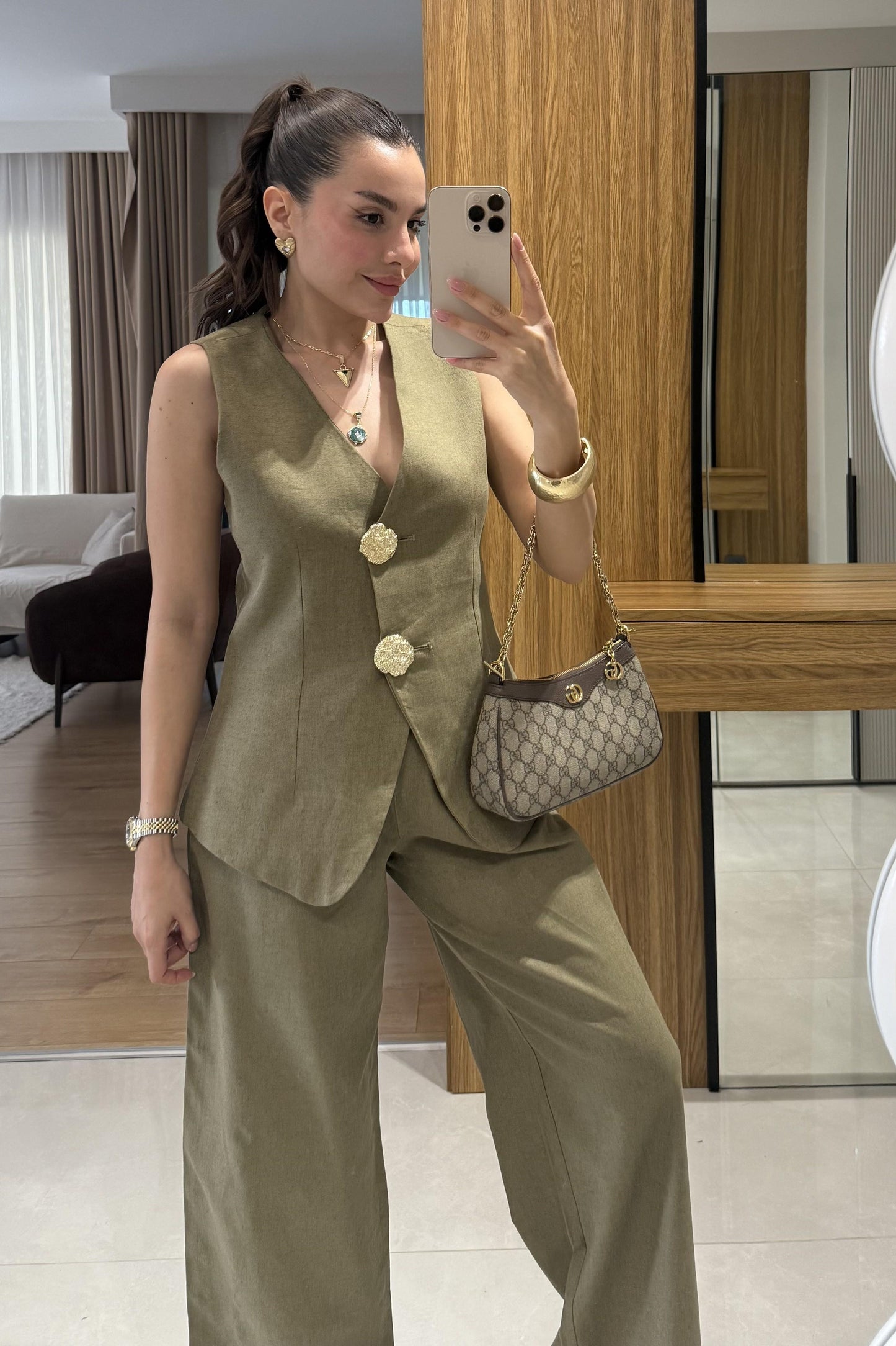 Samantha Haki Gold Düğmeli Keten Takım