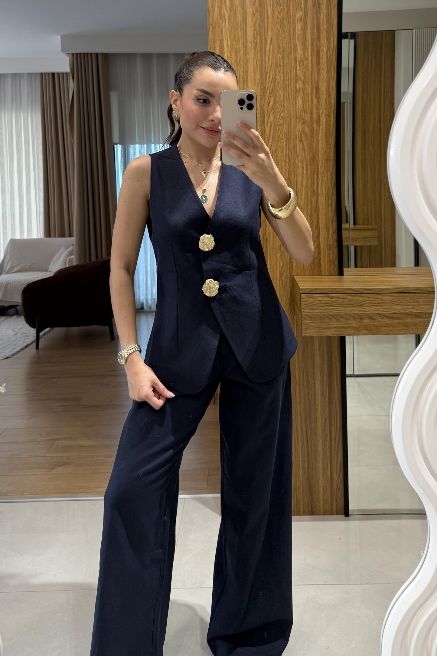 Samantha Lacivert Gold Düğmeli Keten Takım