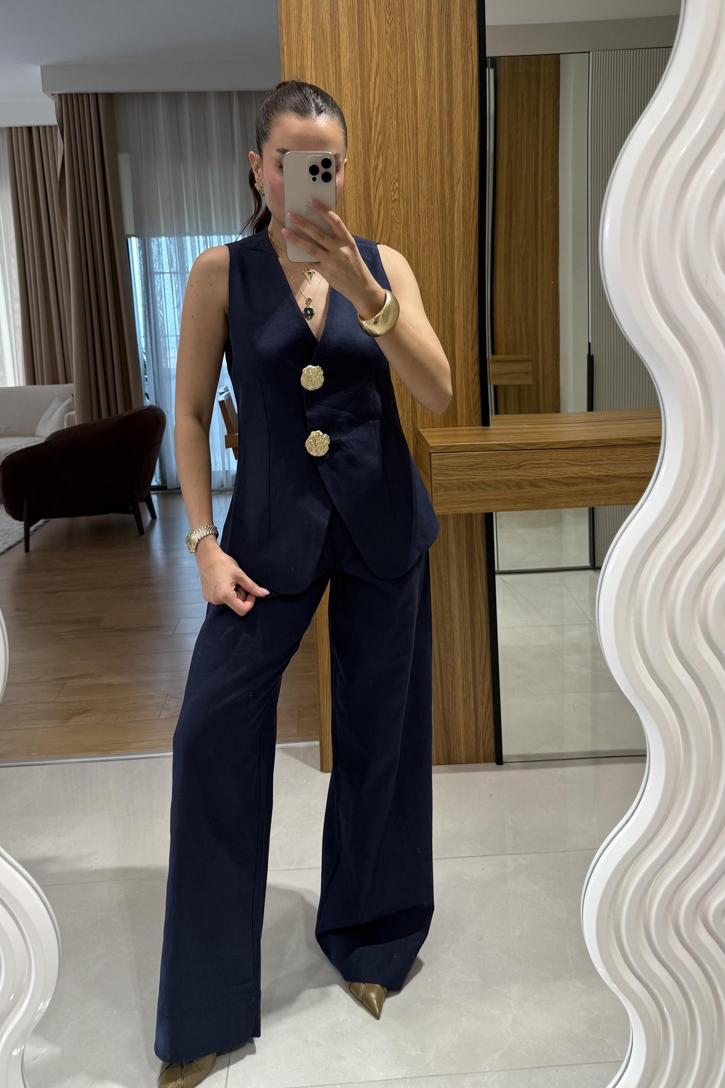 Samantha Lacivert Gold Düğmeli Keten Takım