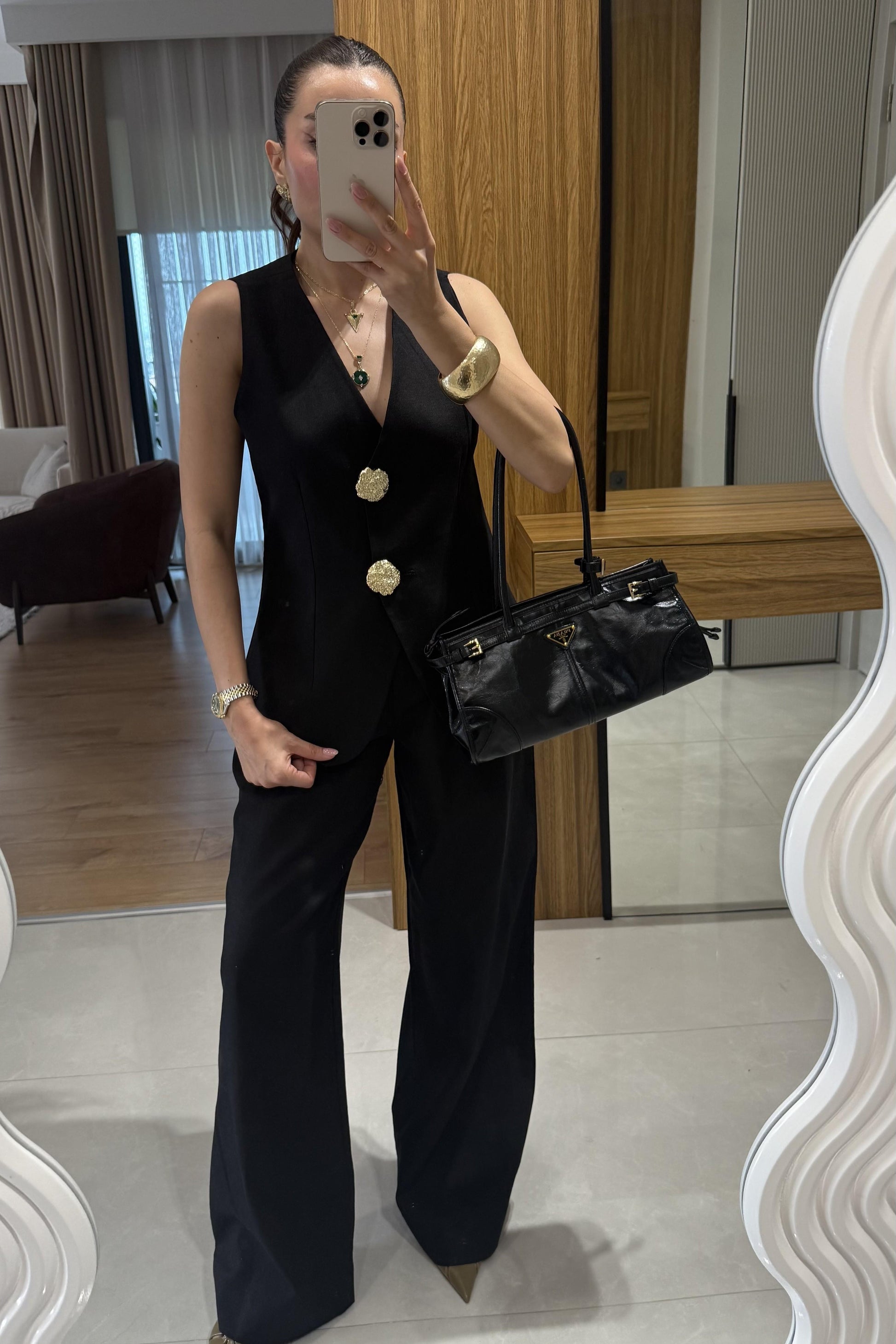 Samantha Siyah Gold Düğmeli Keten Takım