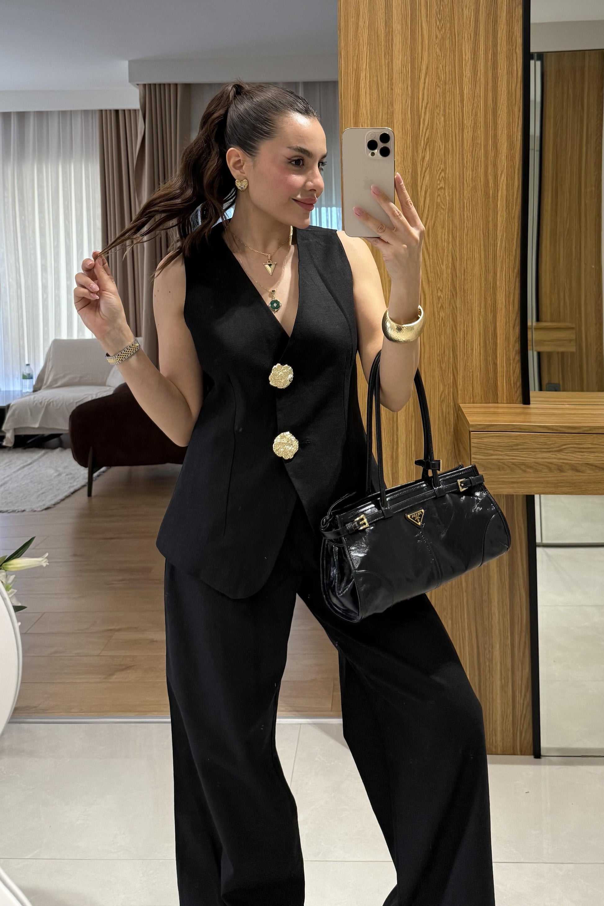 Samantha Siyah Gold Düğmeli Keten Takım
