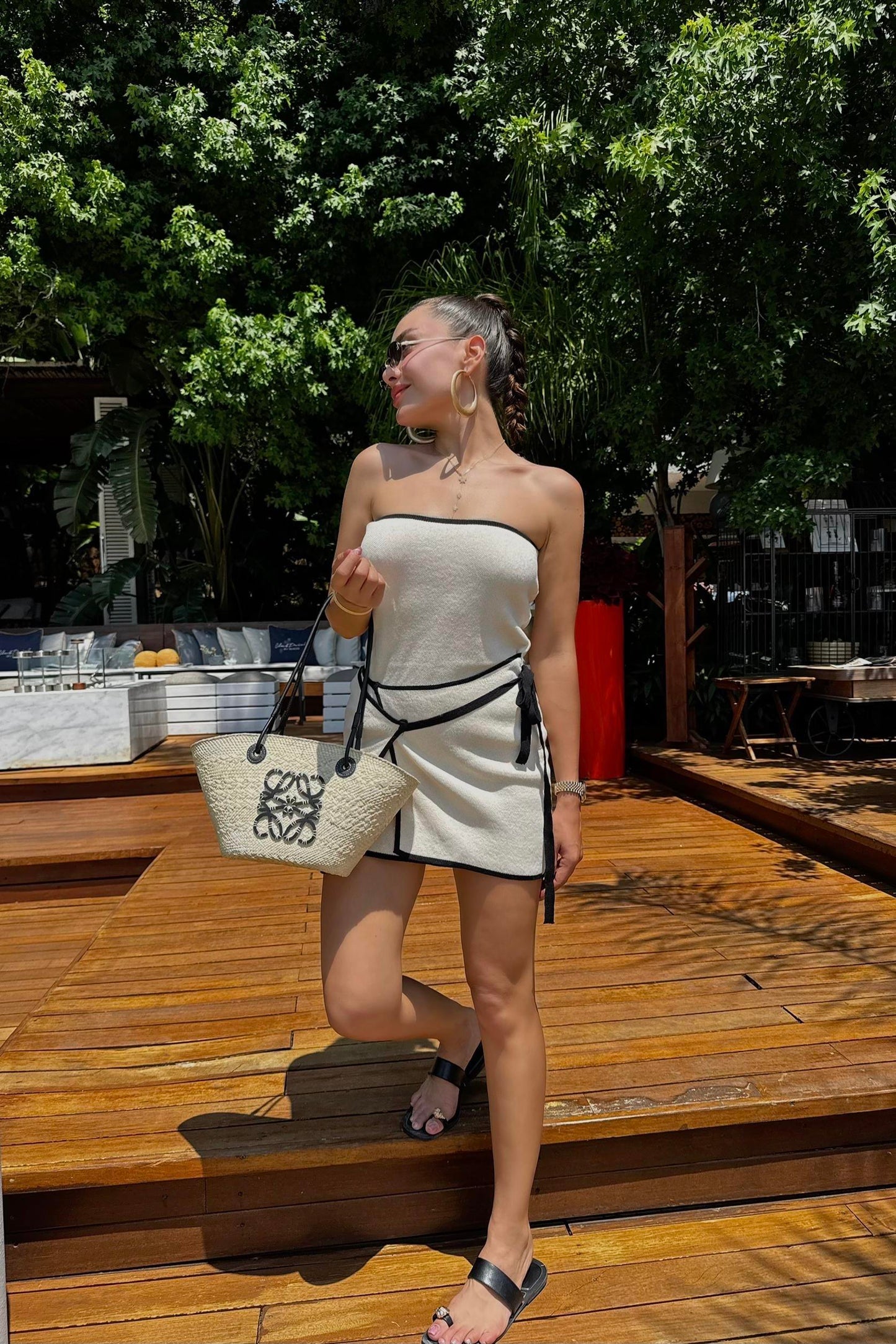 Sanba Krem Çizgi Geçişli Basic Triko Elbise