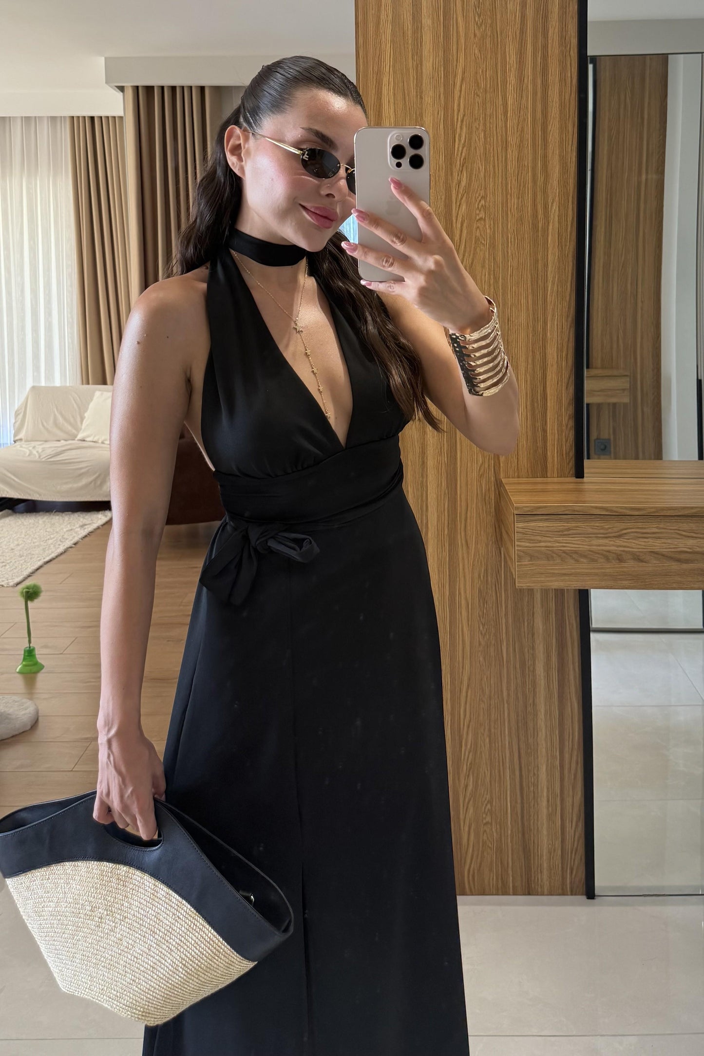 Sanjose Siyah Boyundan Bağlamalı Elbise