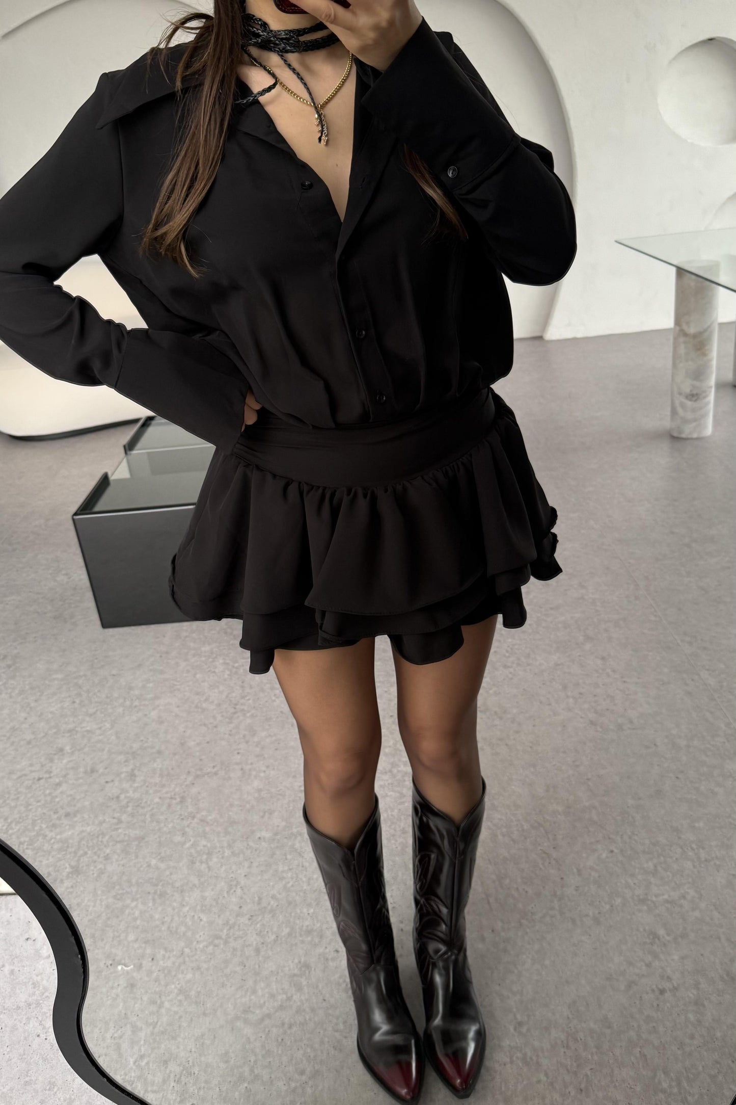 Santorini Siyah Mini Pileli Gömlek Elbise