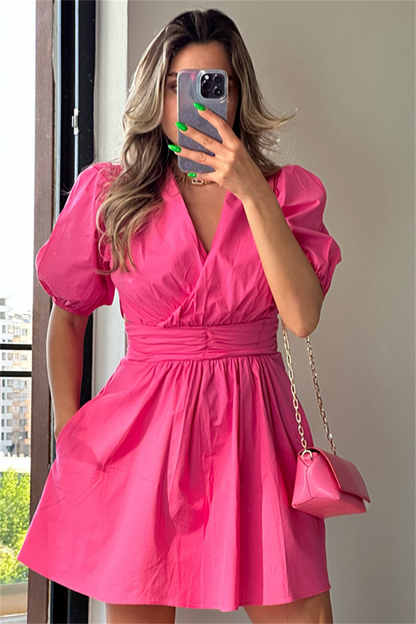 Sara karpuz kol pembe elbise