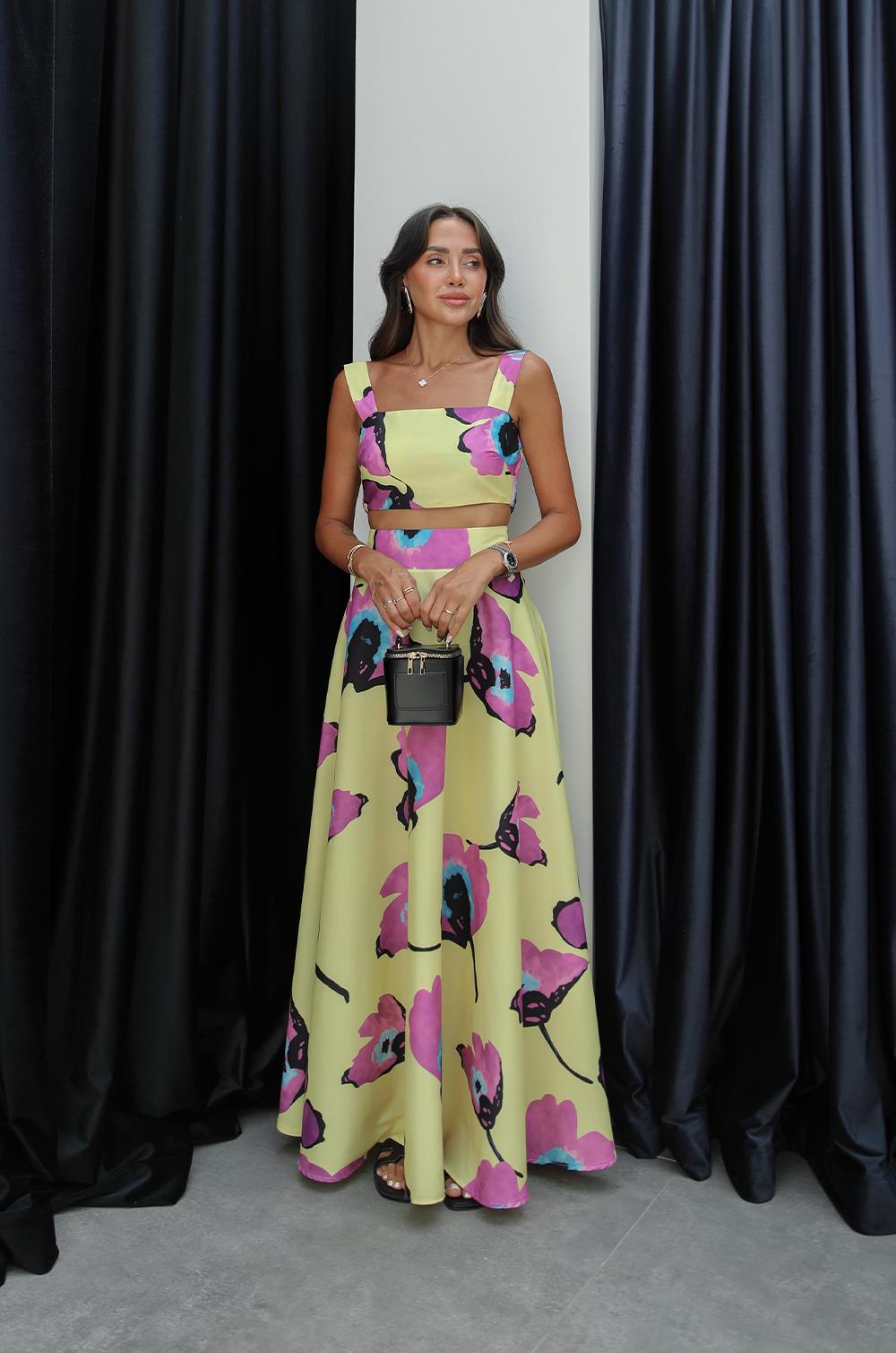 SARI DESENLI CROP BLUZ ETEK TAKIM