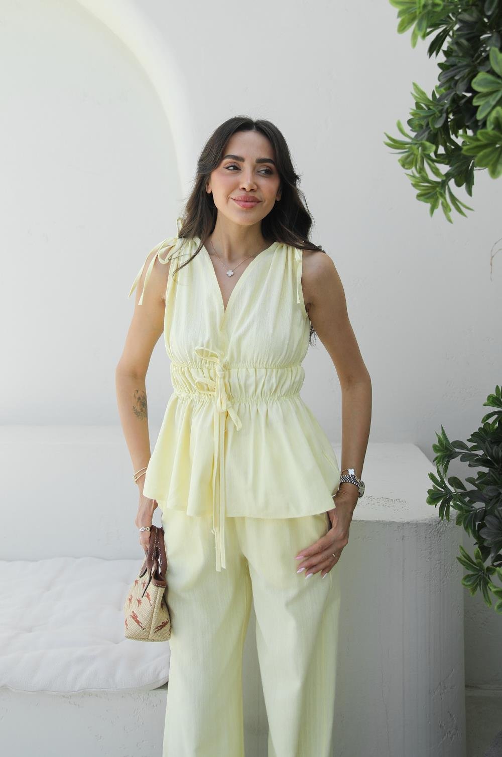 SARI LASTIK DETAYLI BLUZ PANTOLON TAKIM
