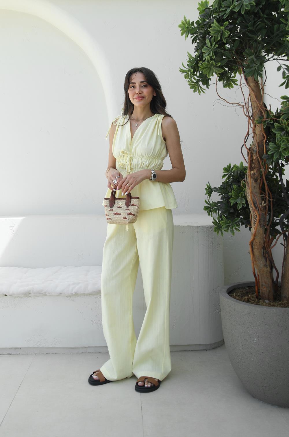 SARI LASTIK DETAYLI BLUZ PANTOLON TAKIM