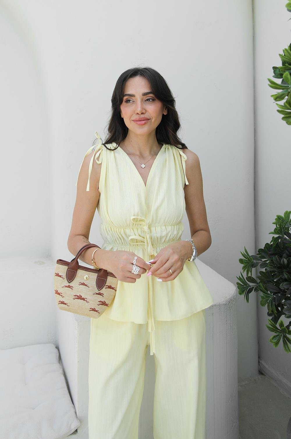SARI LASTIK DETAYLI BLUZ PANTOLON TAKIM