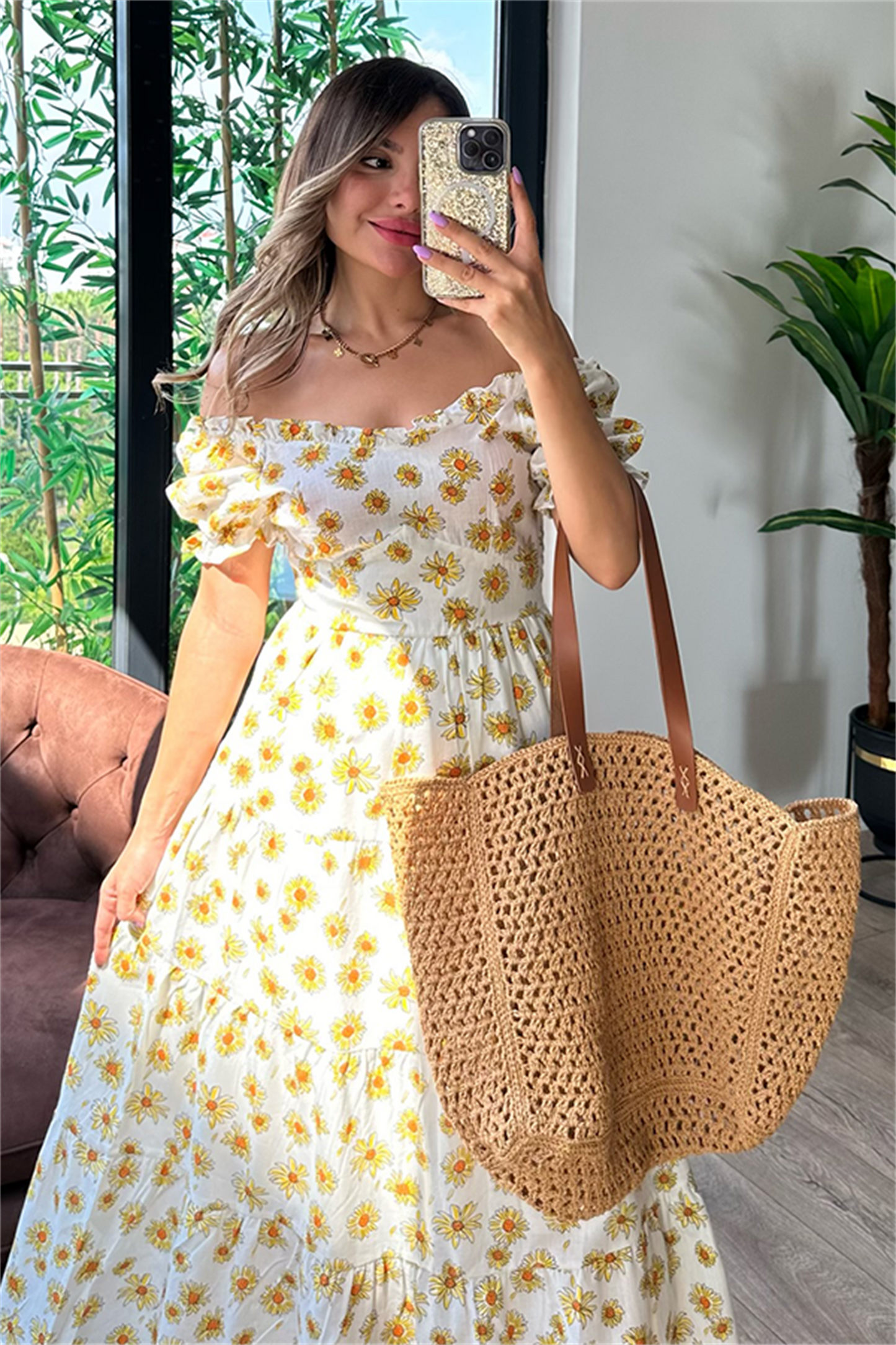 Sarı papatyalı karpuz kol elbise