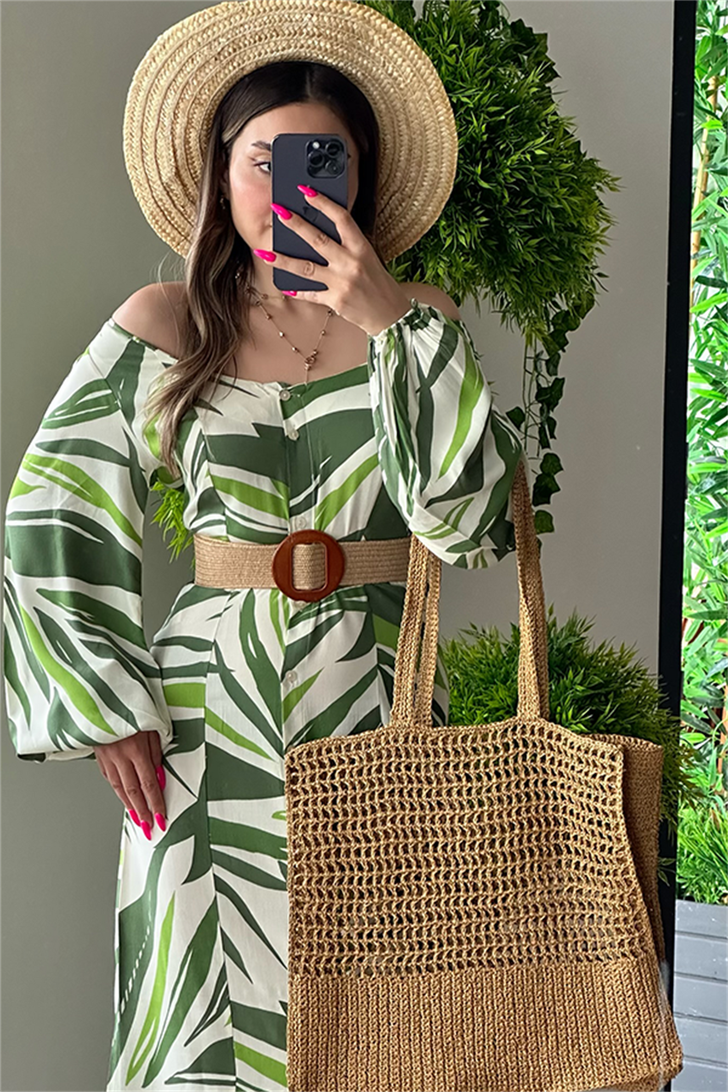 Sementa kayık yaka yeşil elbise