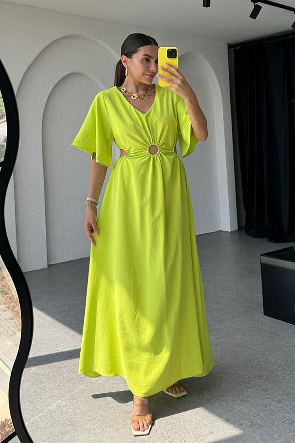 Semina Bel Dekolteli Halka Detaylı Elbise-Neon Sarı