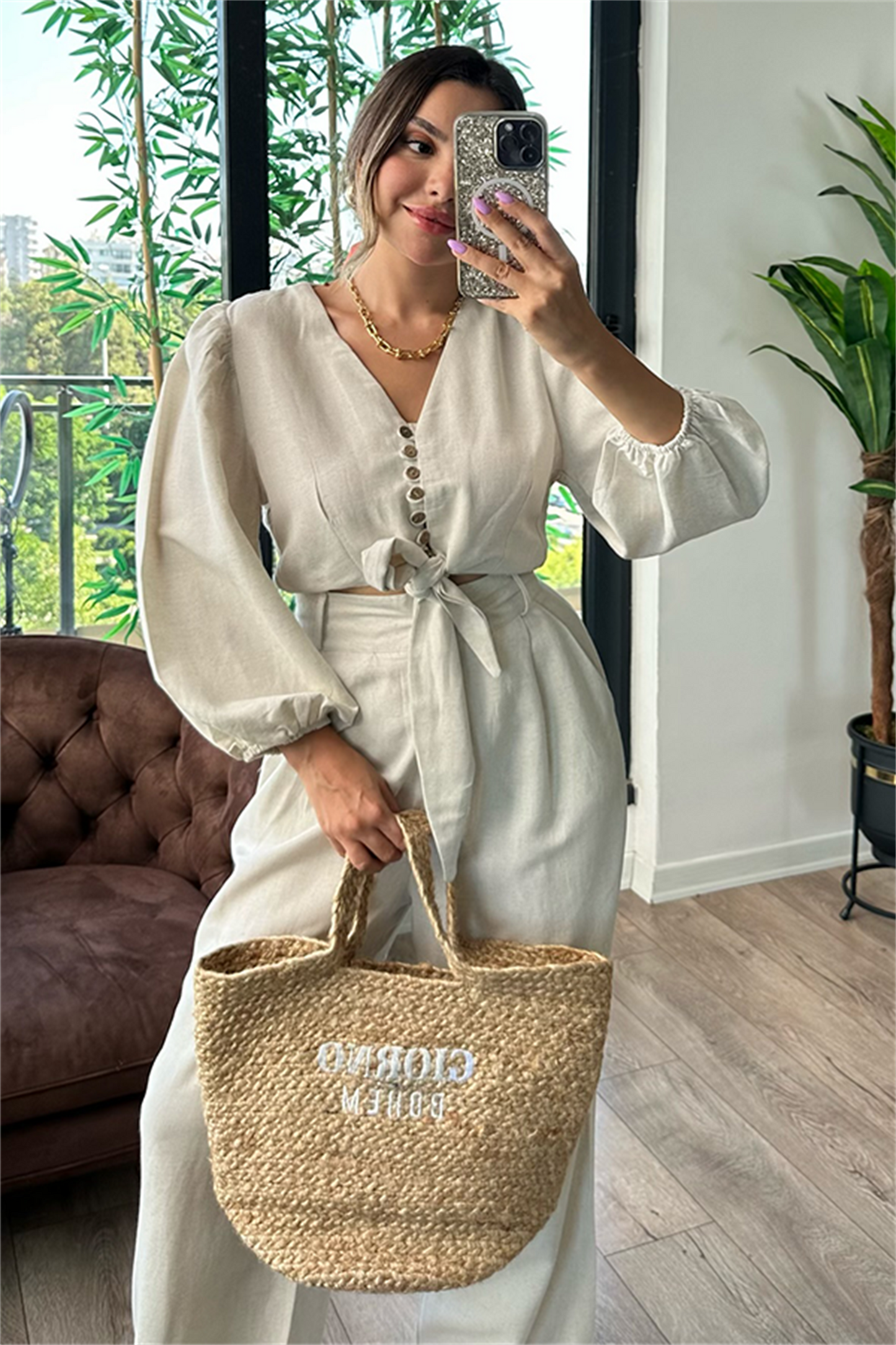 Semira önden bağlamalı keten takım - Krem