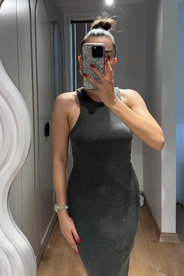 Sendy Halter Yaka Yıkama Elbise - Füme