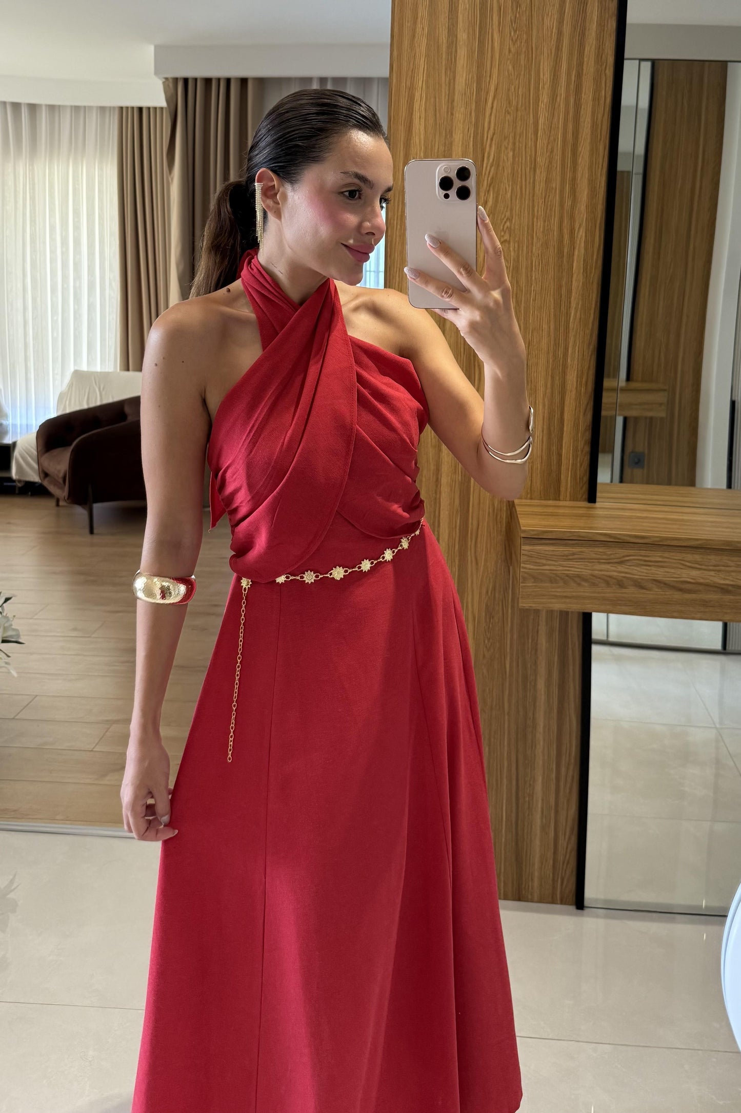 Serena Kırmızı Boyundan Bağlamalı Çan Elbise