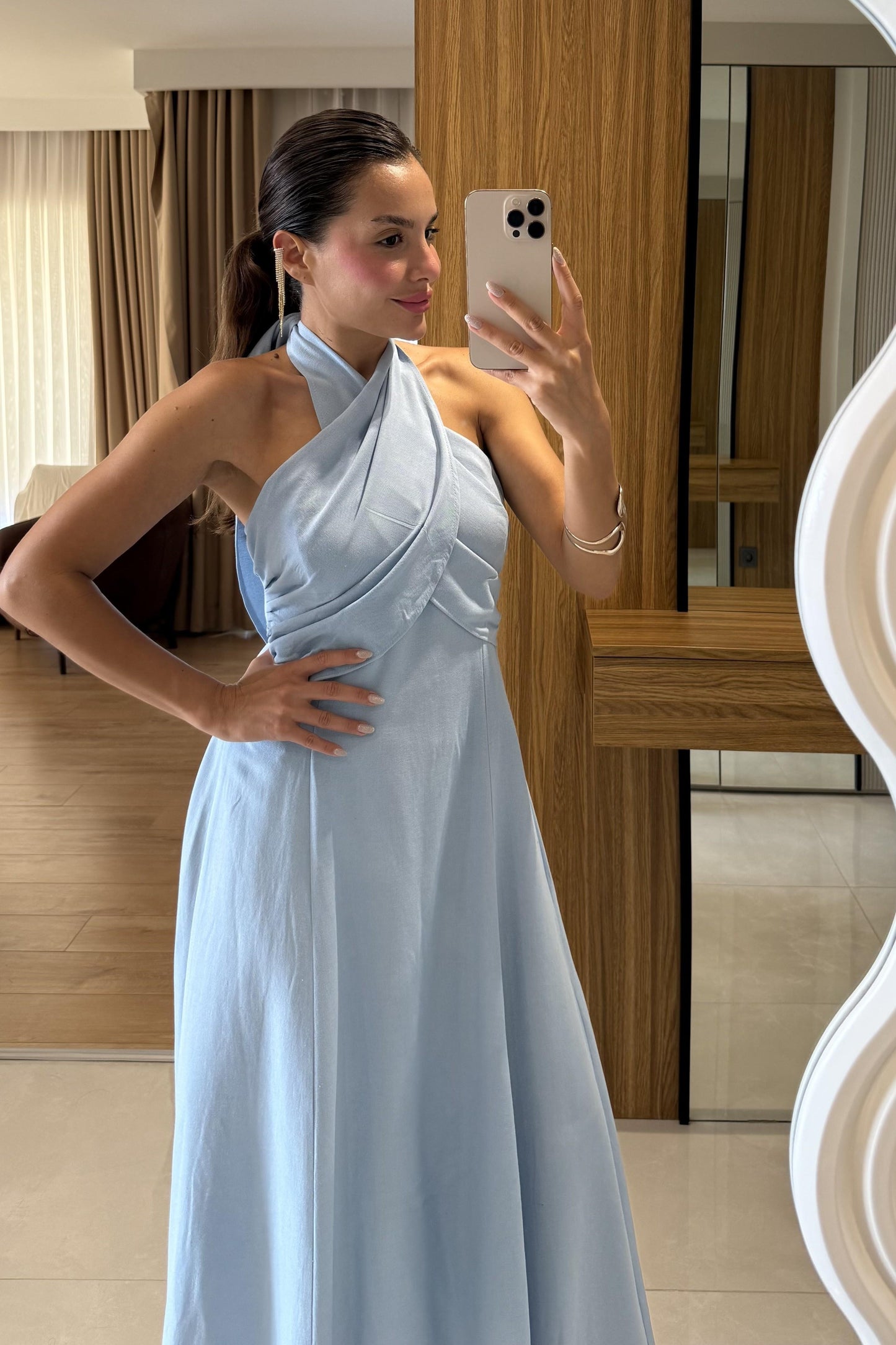 Serena Mavi Boyundan Bağlamalı Çan Elbise