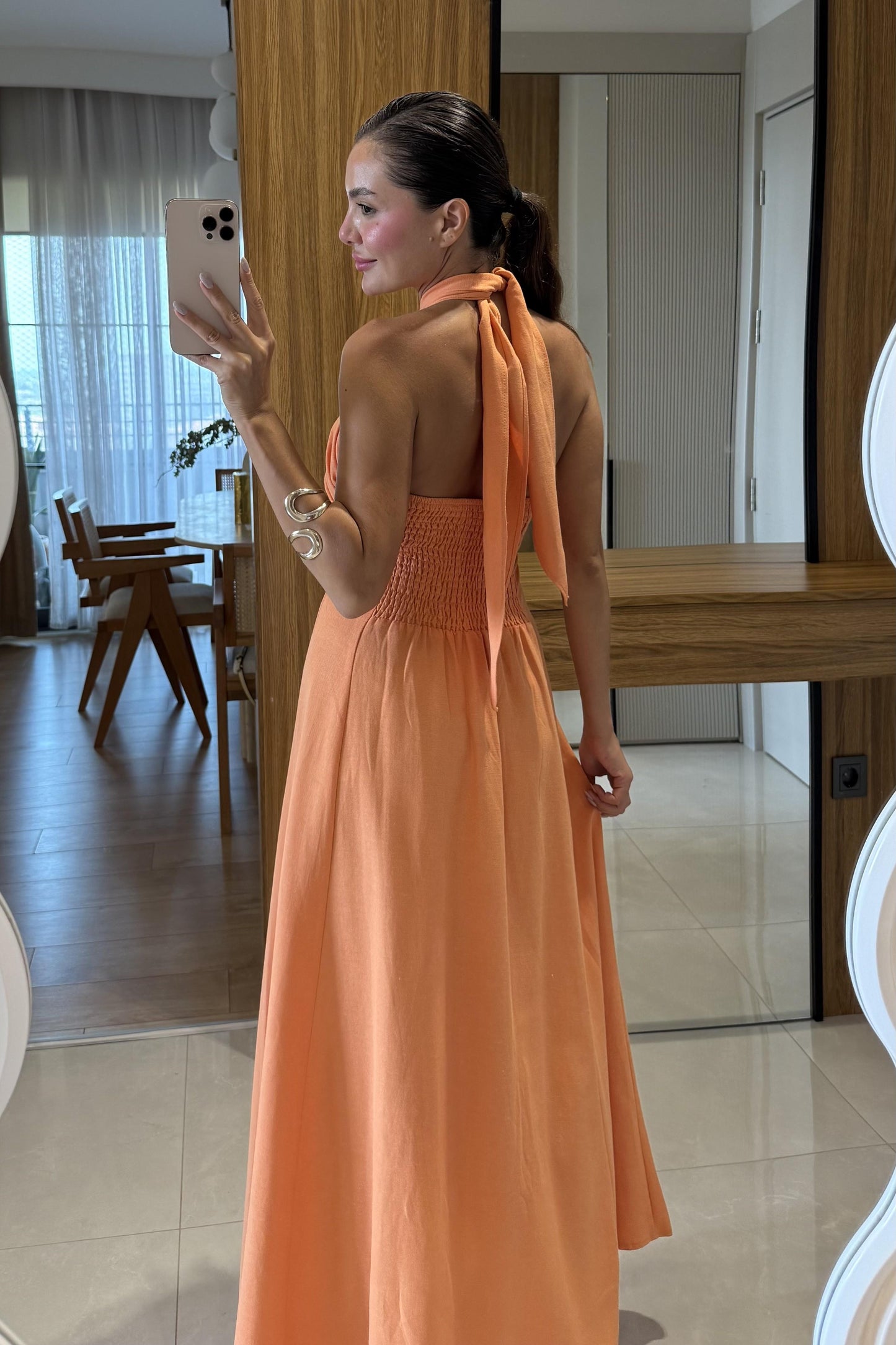 Serena Turuncu Boyundan Bağlamalı Çan Elbise