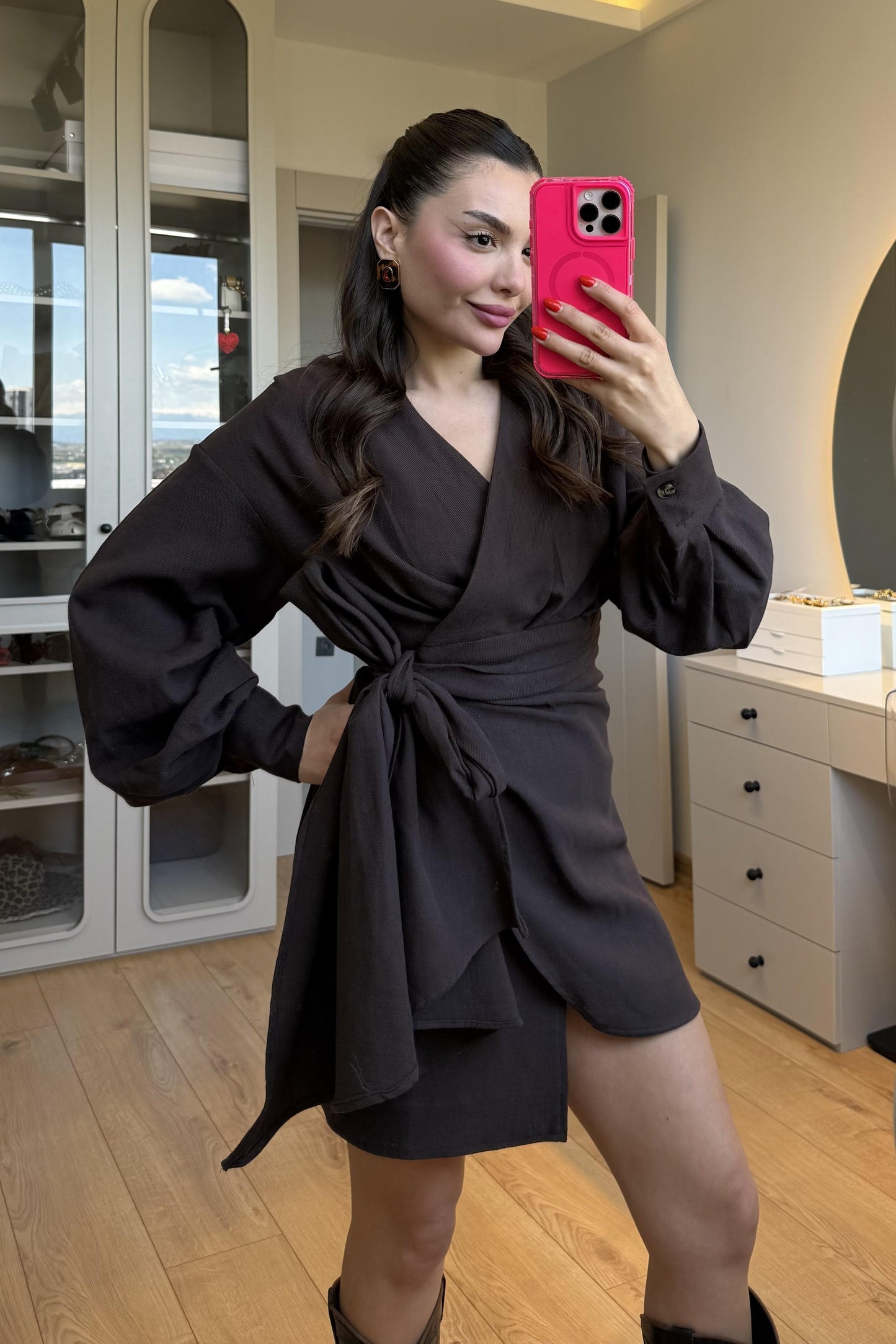 Shawe Acı Kahve Bağlamalı Keten Elbise