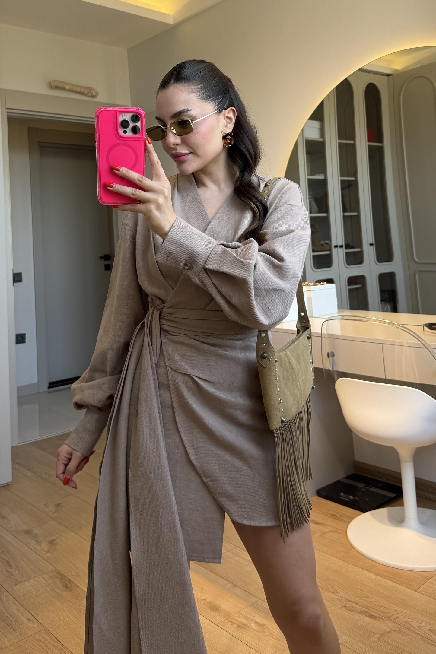 Shawe Vizon Bağlamalı Keten Elbise