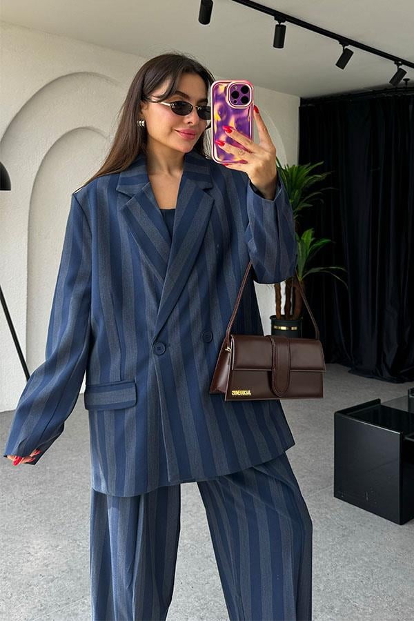 Shayla Çizgili Lacivert Blazer Ceket
