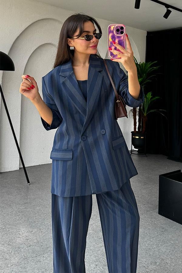 Shayla Çizgili Lacivert Blazer Ceket