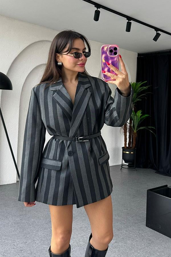 Shayla Çizgili Siyah Blazer Ceket