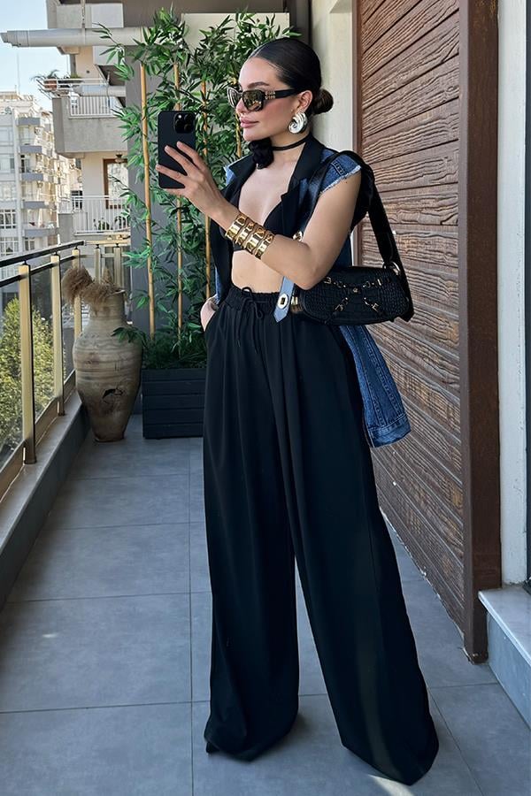 Simple Kot Karışımlı Yelek Pantolon Takım