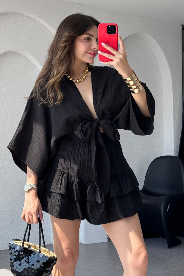 Sion Crop Fırfırlı-Etek Takım-Siyah