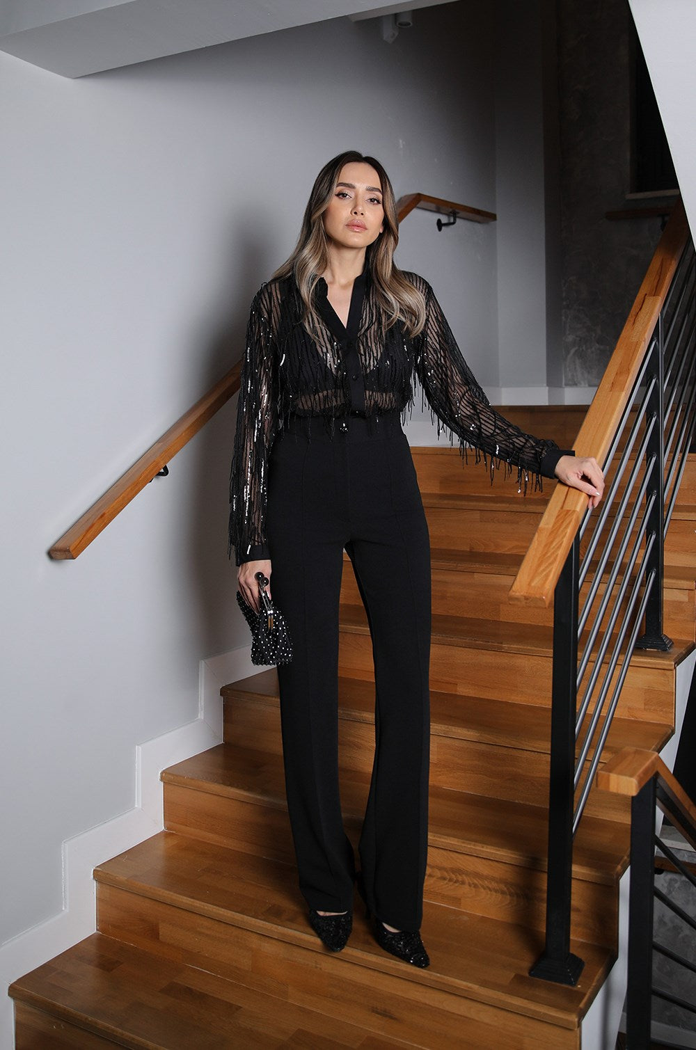 SIYAH BIYELI PALAZZO PANTOLON