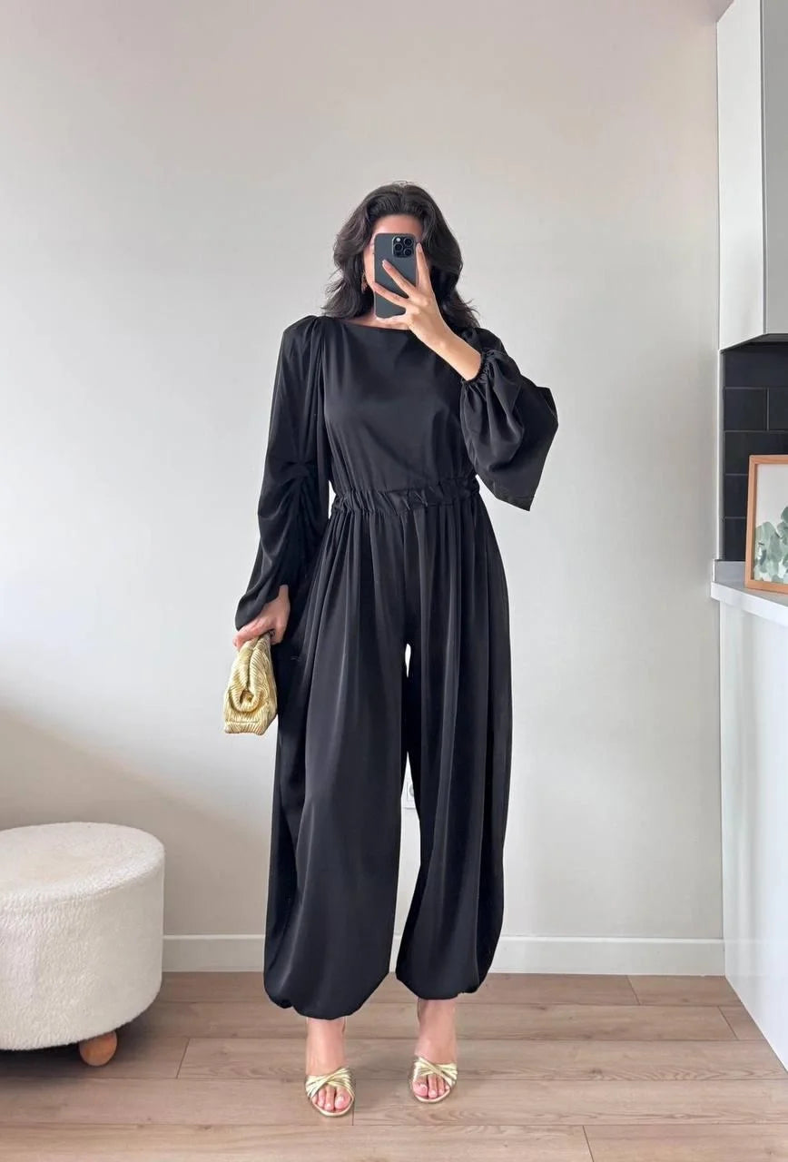 Kolları Pileli Beli Büzgülü Maxi Tulum