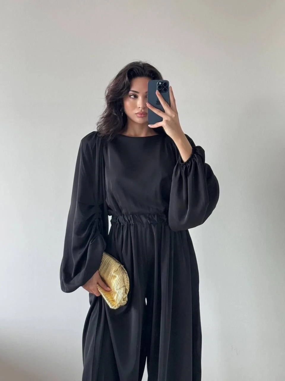 Kolları Pileli Beli Büzgülü Maxi Tulum