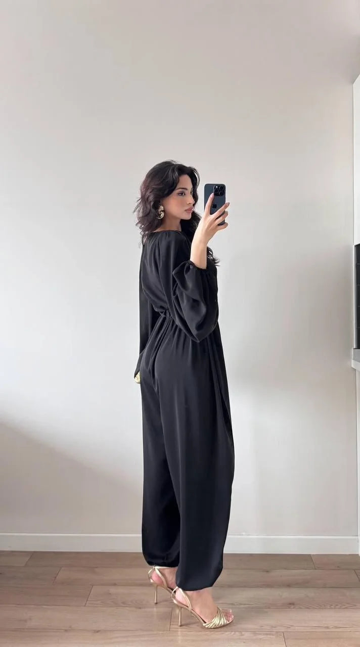 Kolları Pileli Beli Büzgülü Maxi Tulum