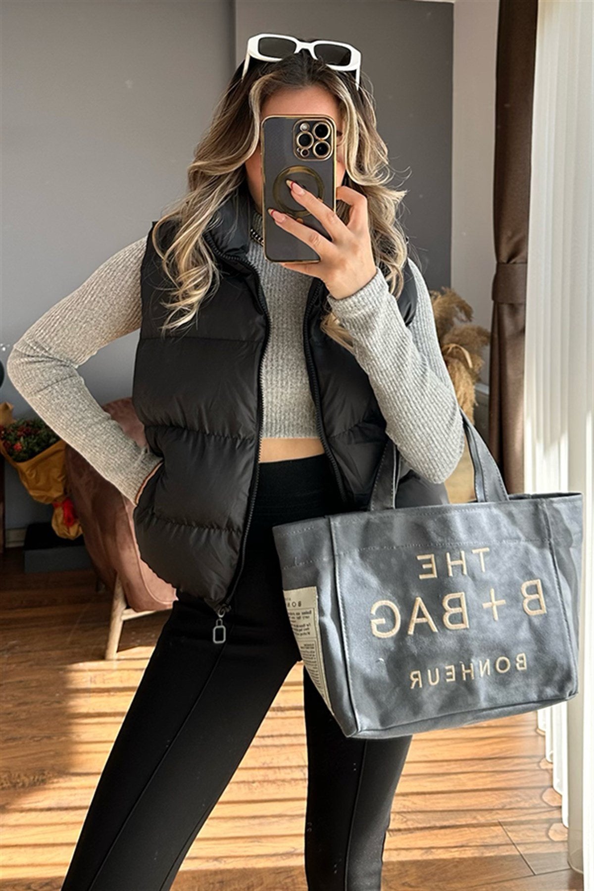 Siyah puffer kısa şişme yelek