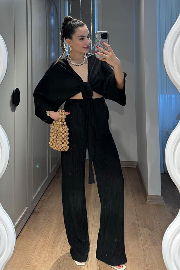 Soares Keten Bağlamalı Bluz Pantolon Takım-Siyah