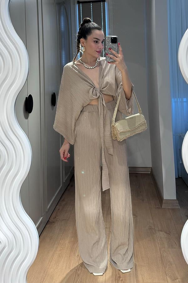 Soares Keten Bağlamalı Bluz Pantolon Takım-Vizon