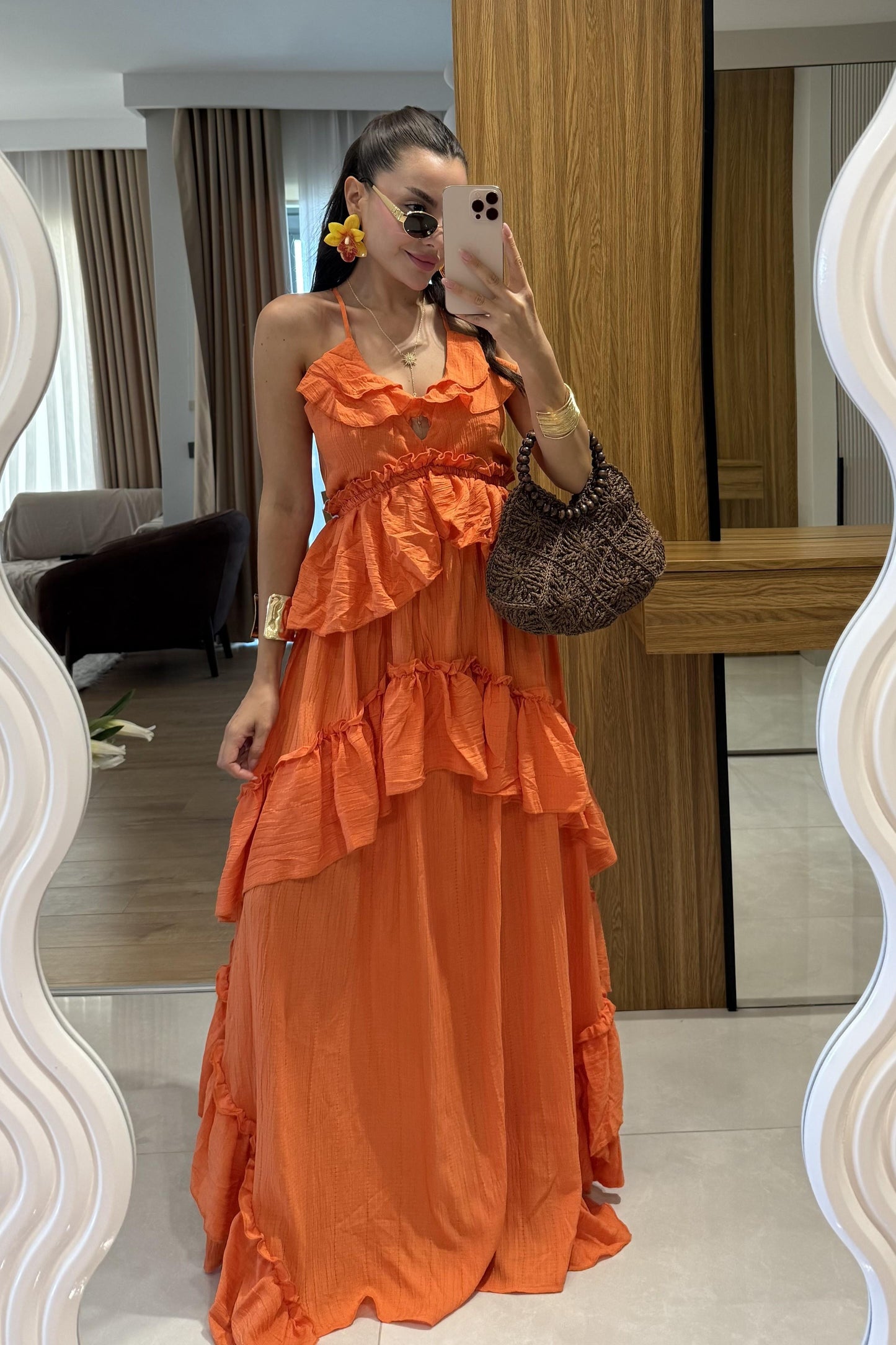 Solene Turuncu Kat Kat Fırfırlı Sırt Dekolteli Uzun Elbise