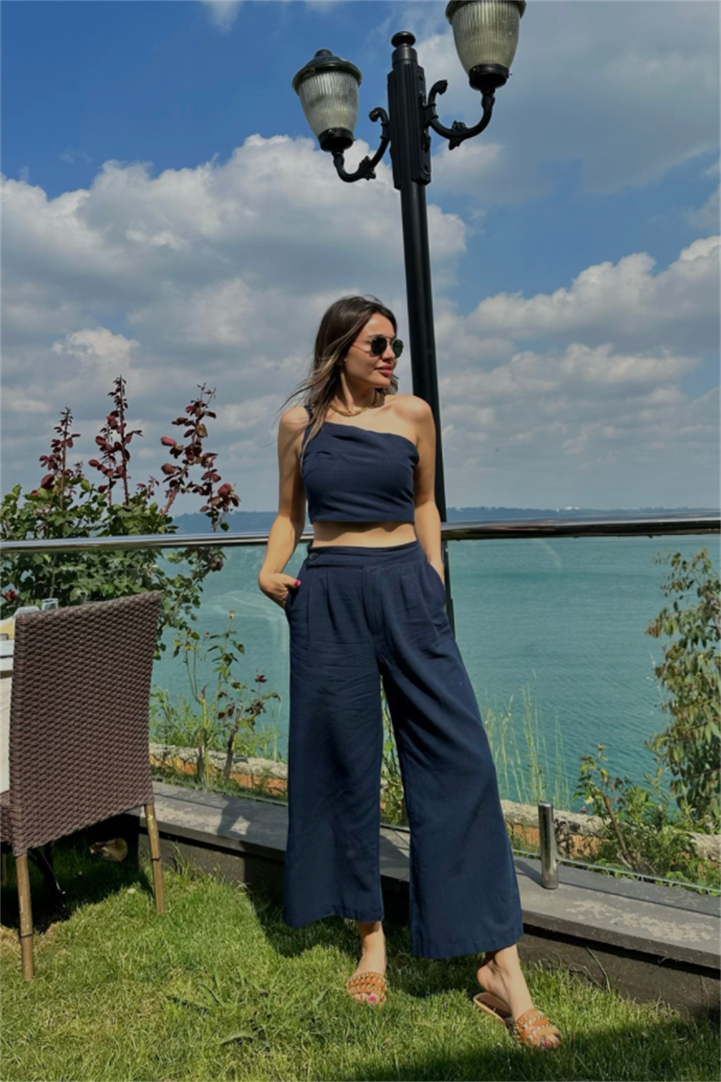 Sonya tek omuz keten takım - Lacivert