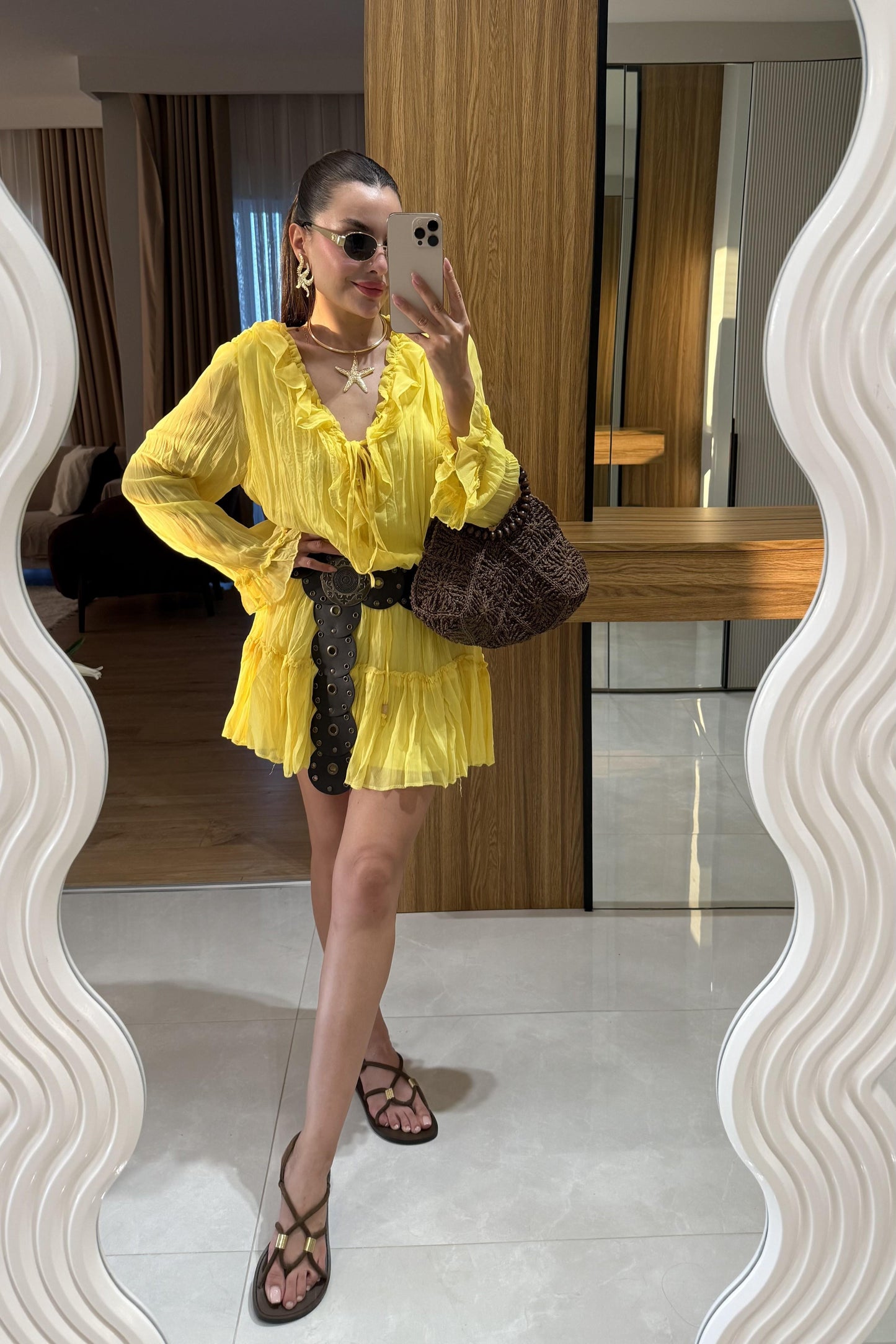 Sovia Sarı Şifon Astarlı Elbise